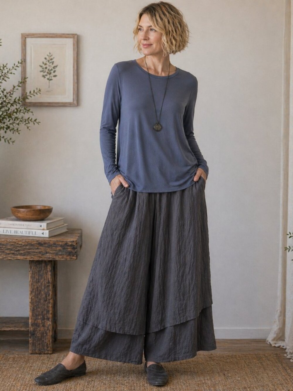 Eileen Fisher Stretch Jersey Tunic Top Blue Crew Neck Lyocell Spandex Small